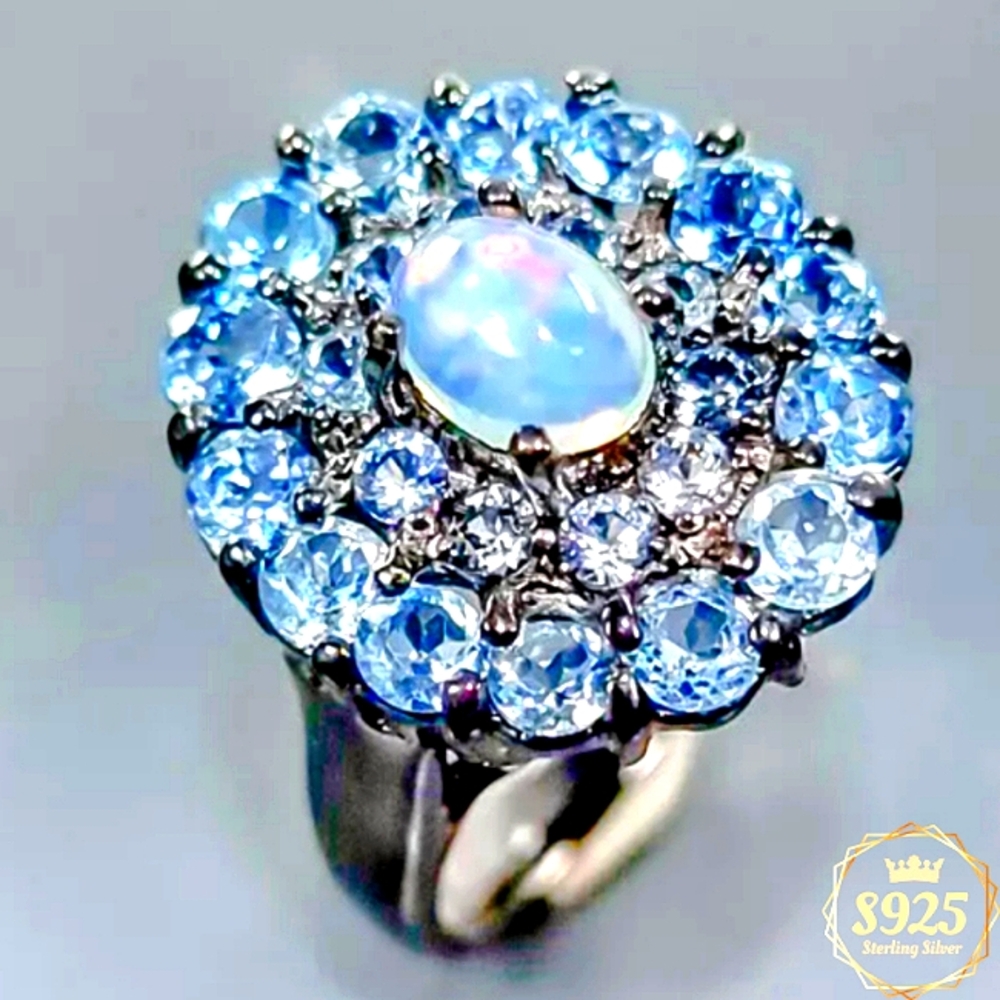 6.7cttw Ethiopian Welo Opal & Blue Topaz Ring Black Rhodium Over Sterling Silver